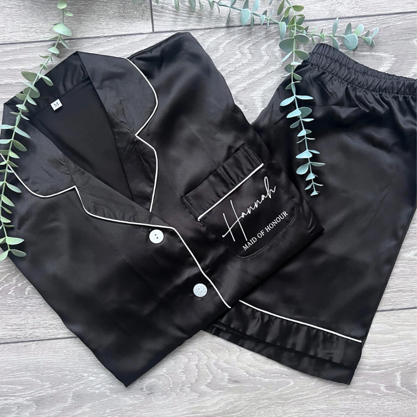 BLACK LUXURY SATIN BRIDAL PYJAMAS - BACK PRINT