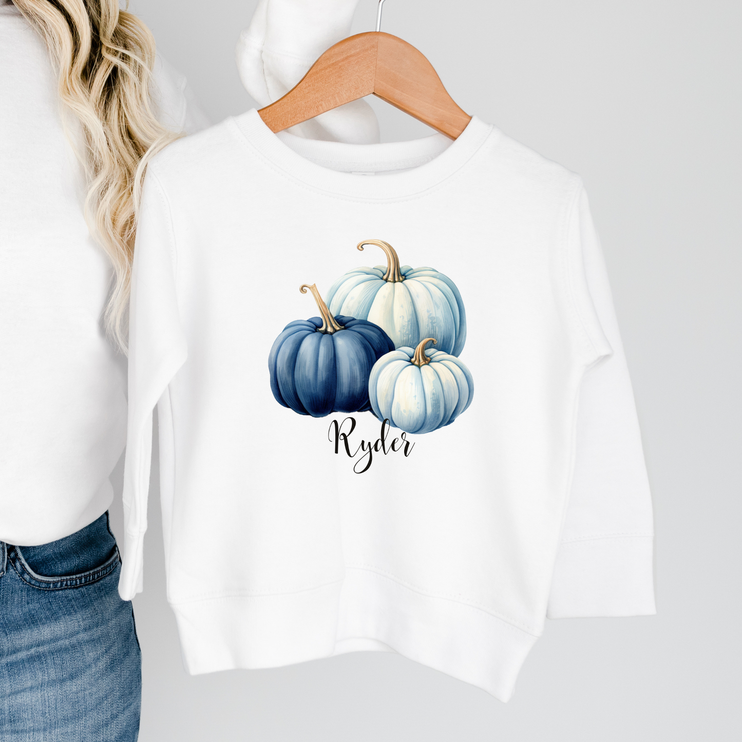CHILDRENS PERSONALISED BLUE PUMPKIN SWEATER