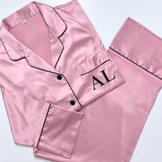 DUSTY PINK LONG SATIN PYJAMAS COMPLETE WITH INITIALS