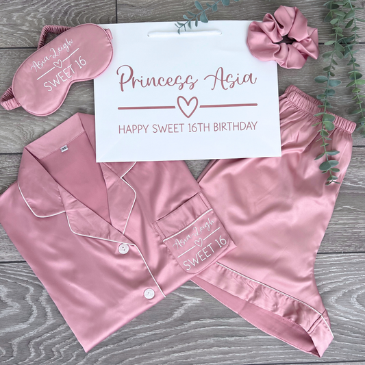 DUSTY PINK SWEET 16TH SATIN PYJAMA GIFT SET