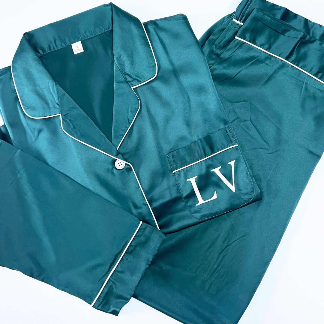 FOREST GREEN LONG SATIN PYJAMAS COMPLETE WITH INITIALS