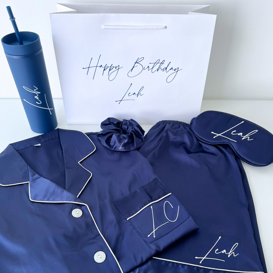 PERSONALISED LUXURY SATIN PYJAMAS GIFT SET WITH TUMBLER