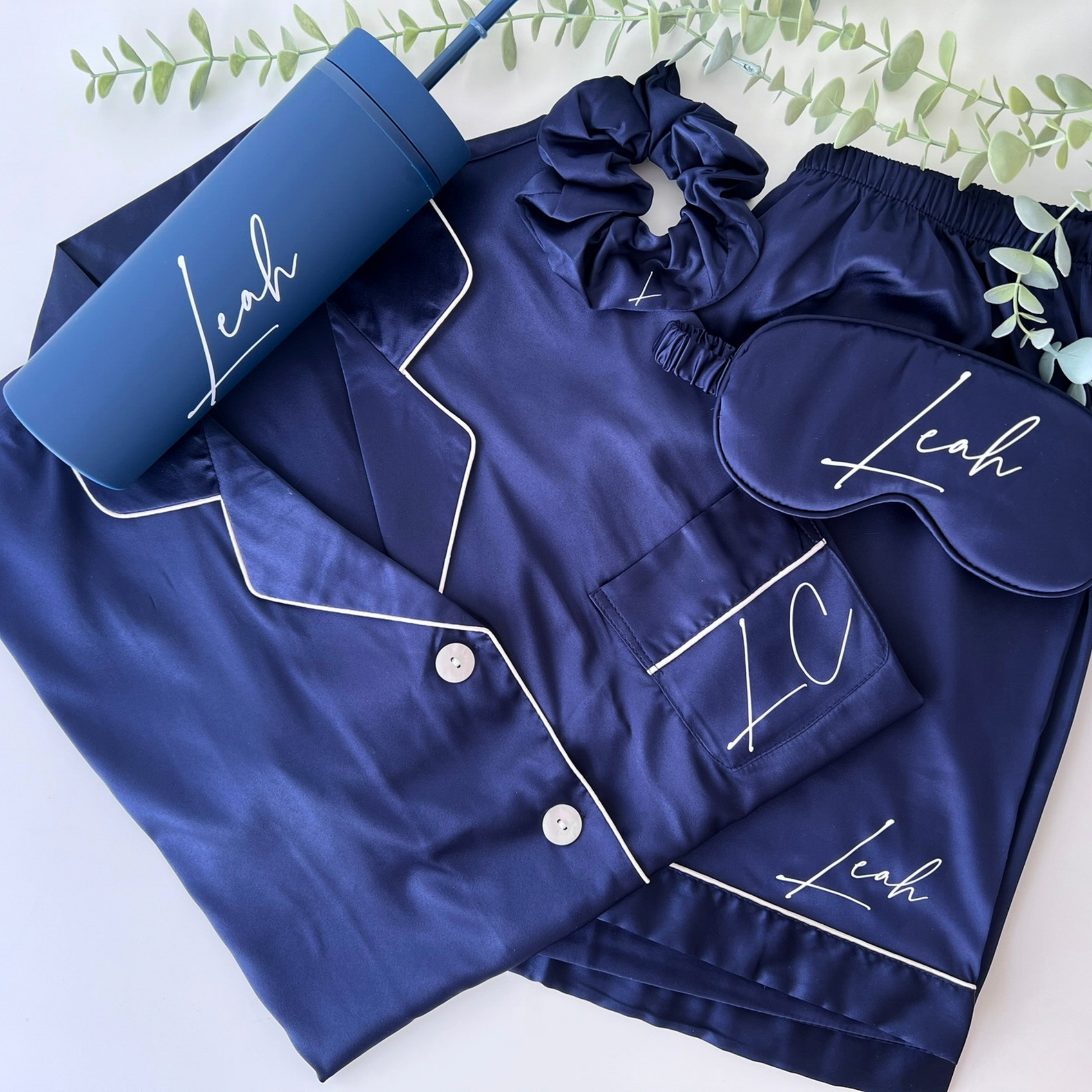 NAVY LUXRY SATIN PYJAMA COMPLETE GIFT SET