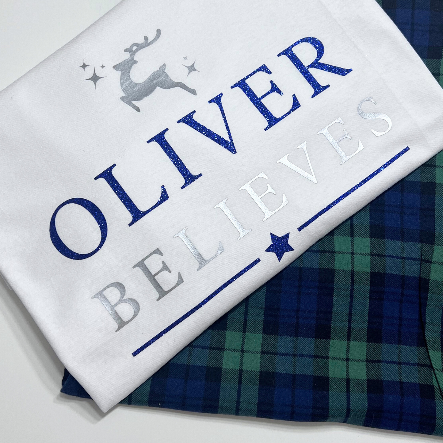 PERSONALISED FAMILY BELIEVE CHRISTMAS PYJAMAS - BLUE TARTAN