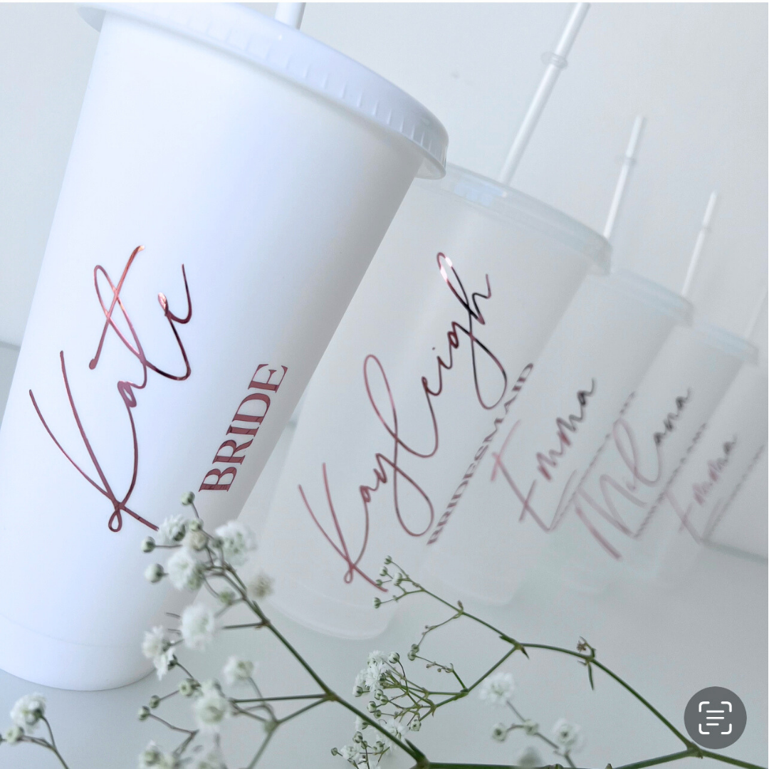 WHITE AND CLEAR HEN PARTY TUMBLERS FOR BRIDE AND BRIDESMAIDS