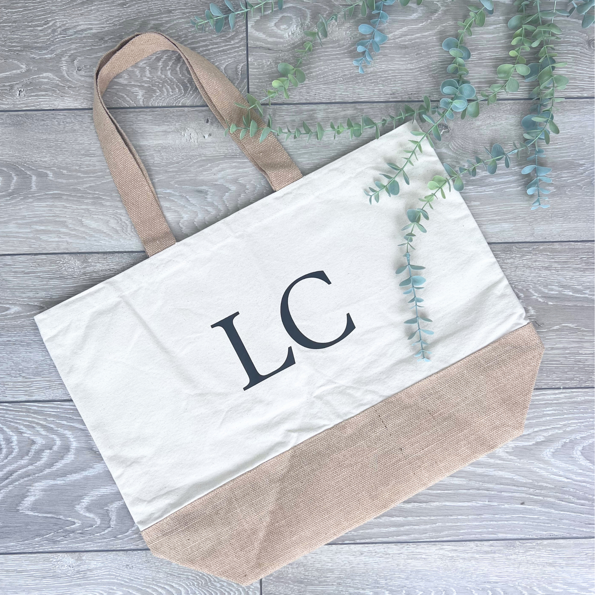 CANVAS JUTE BEACH BAG WITH BLACK INITIALS