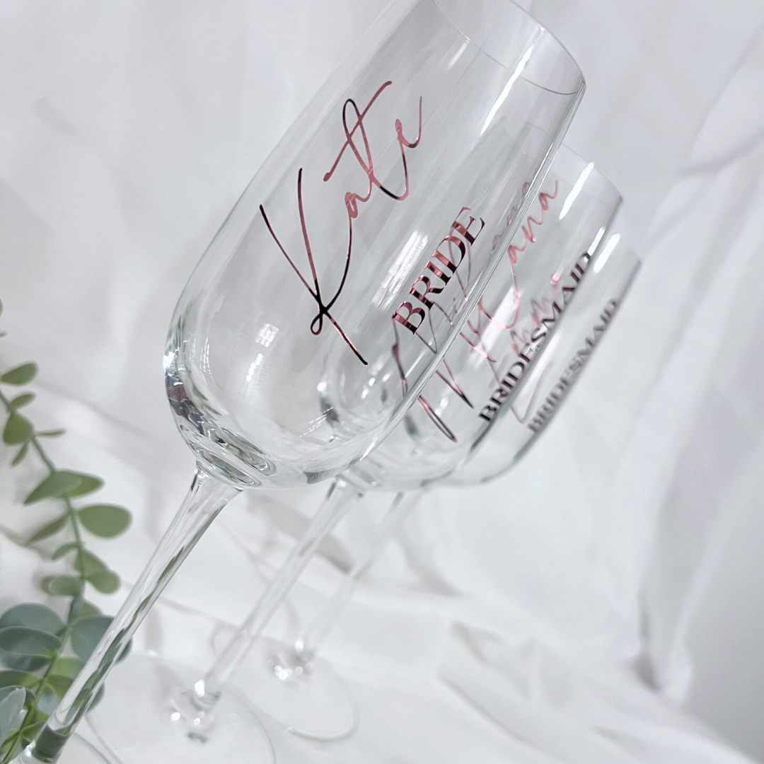 CUSTOM CHAMPAGNE FLUTES FOR BRIDAL PARTY