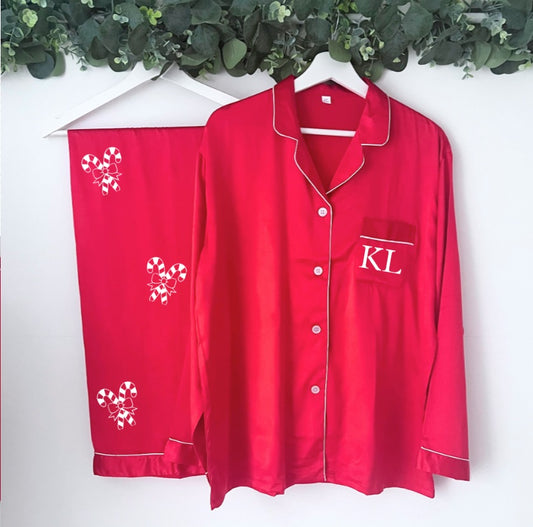 WOMENS CANDY CANE SATIN INITIAL CHRISTMAS PYJAMAS