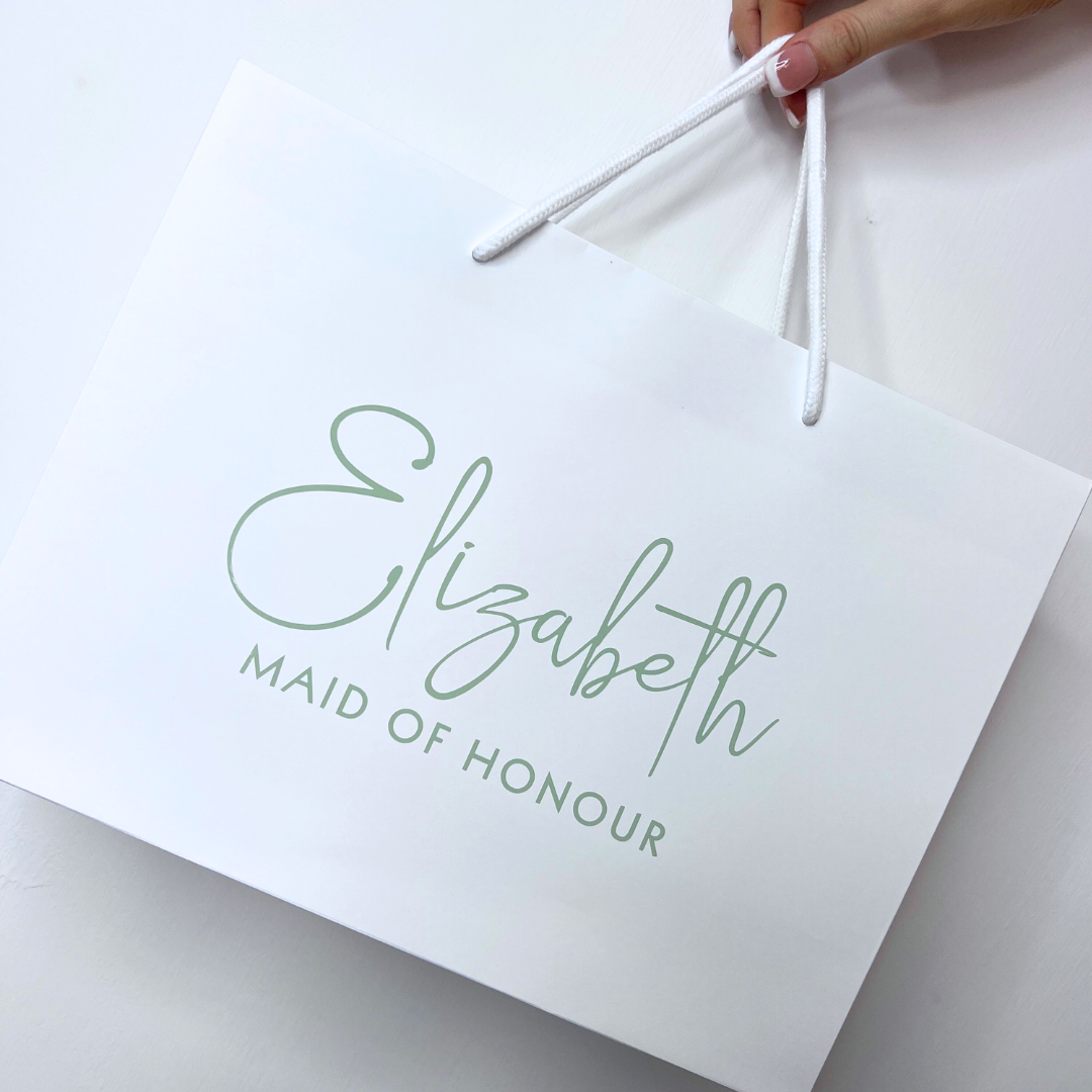 PERSONALISED GIFT BAG FOR MAID OF HONOUR WITH SAGE GREEN FONT