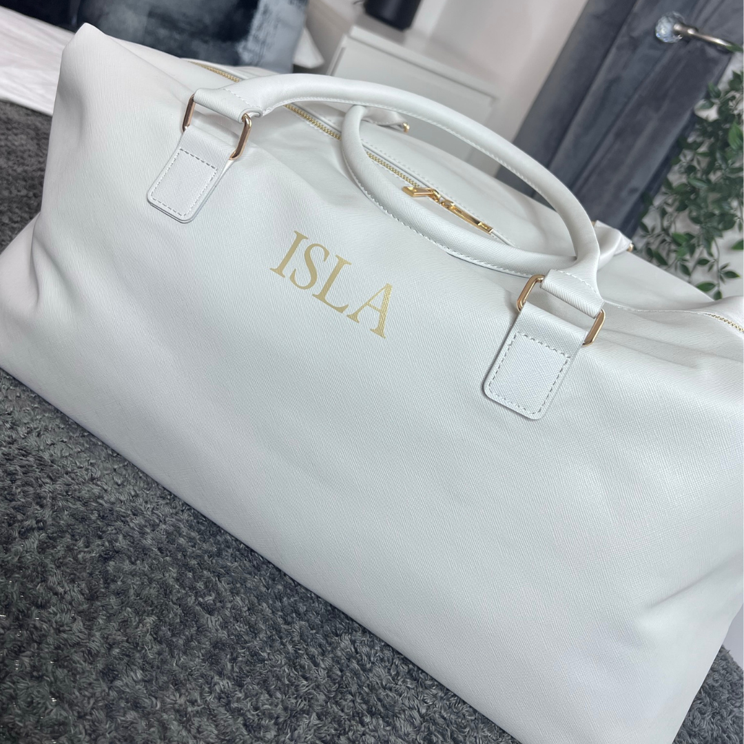 LIGHT GREY WEEKENDER BAG WITH GOLD NAME