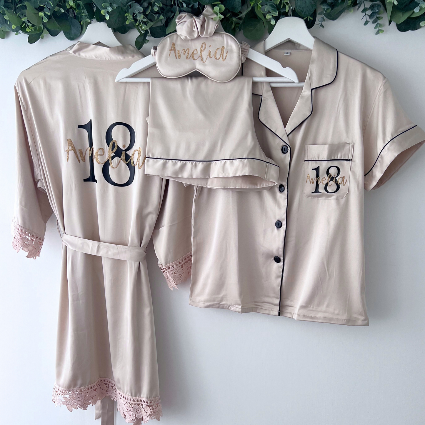 PERSONALISED MILESTONE BIRTHDAY LUXURY SATIN ROBE AND PYJAMAS IN CHAMPAGNE