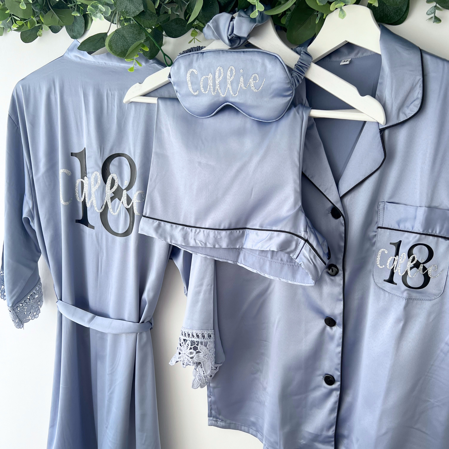 PERSONALISED MILESTONE BIRTHDAY LUXURY SATIN ROBE AND PYJAMAS IN DUSTY BLUE