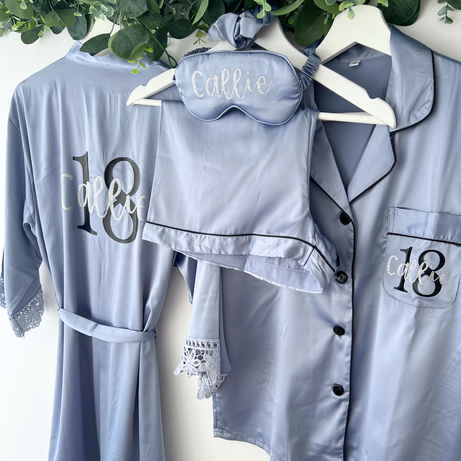 PERSONALISED MILESTONE BIRTHDAY LUXURY SATIN ROBE AND PYJAMAS IN DUSTY BLUE