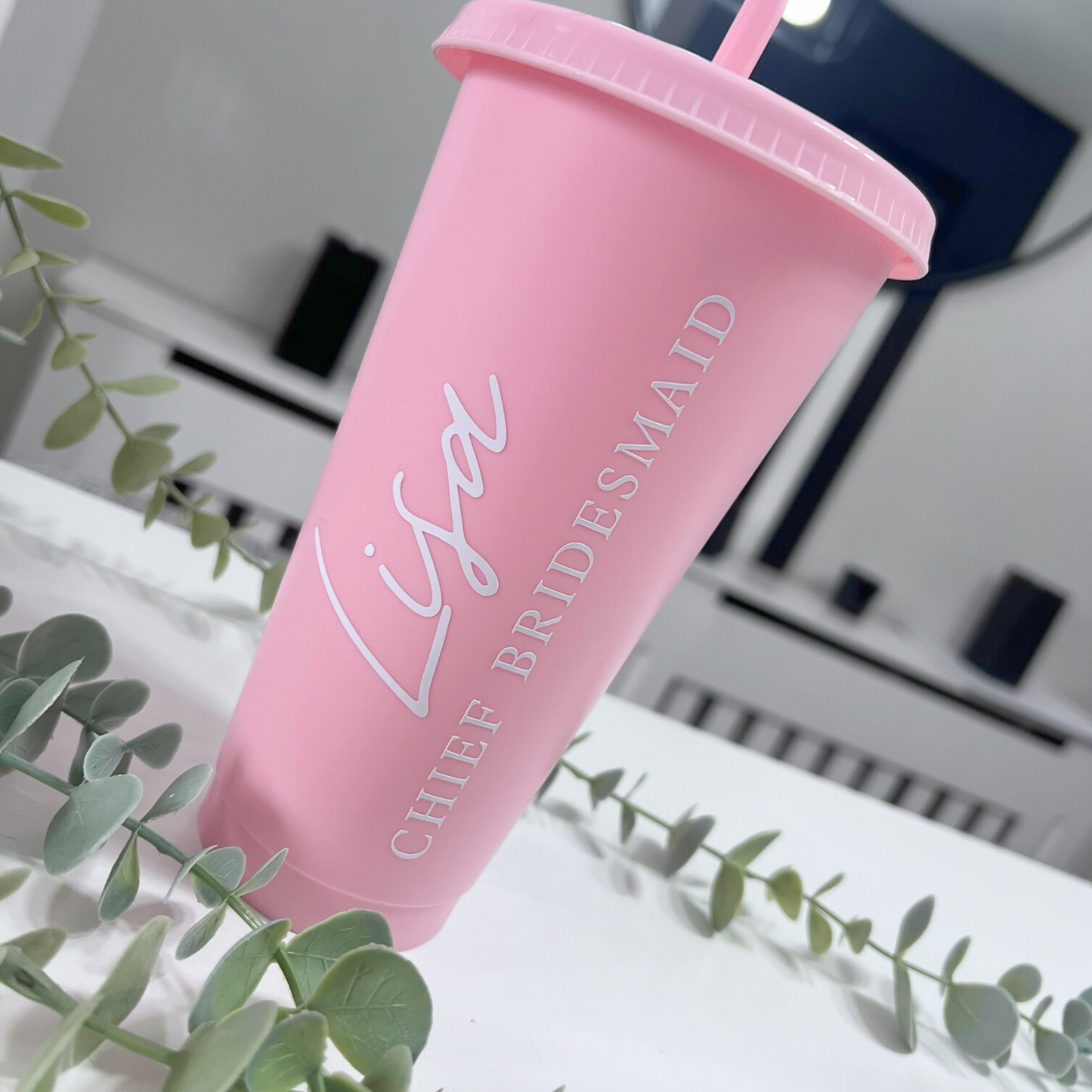 PINK BRIDESMAID TUMBLER WITH NAME AND TITILE