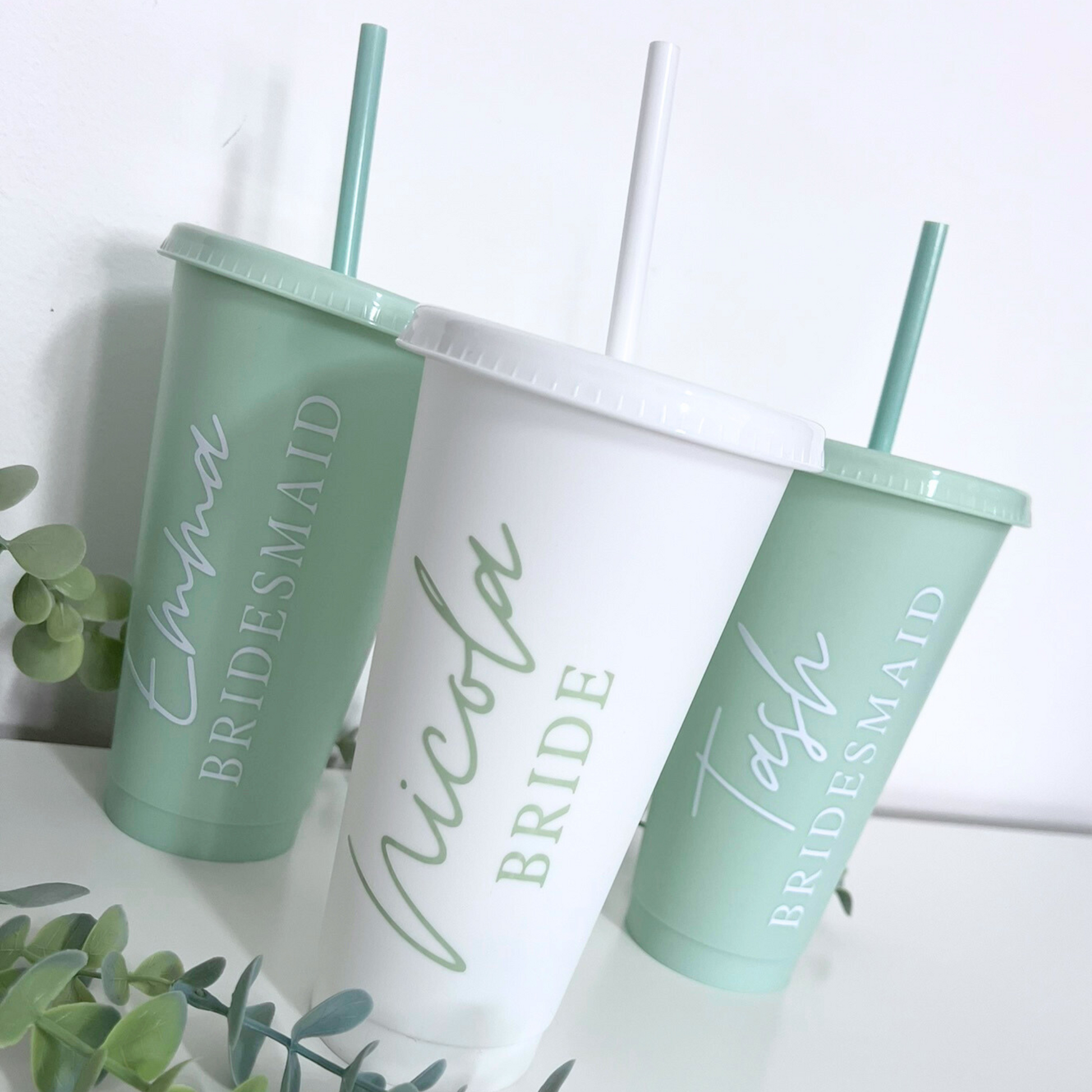 SAGE AND WHITE BRIDAL TUMBLER WITH NAMES AND TITLES