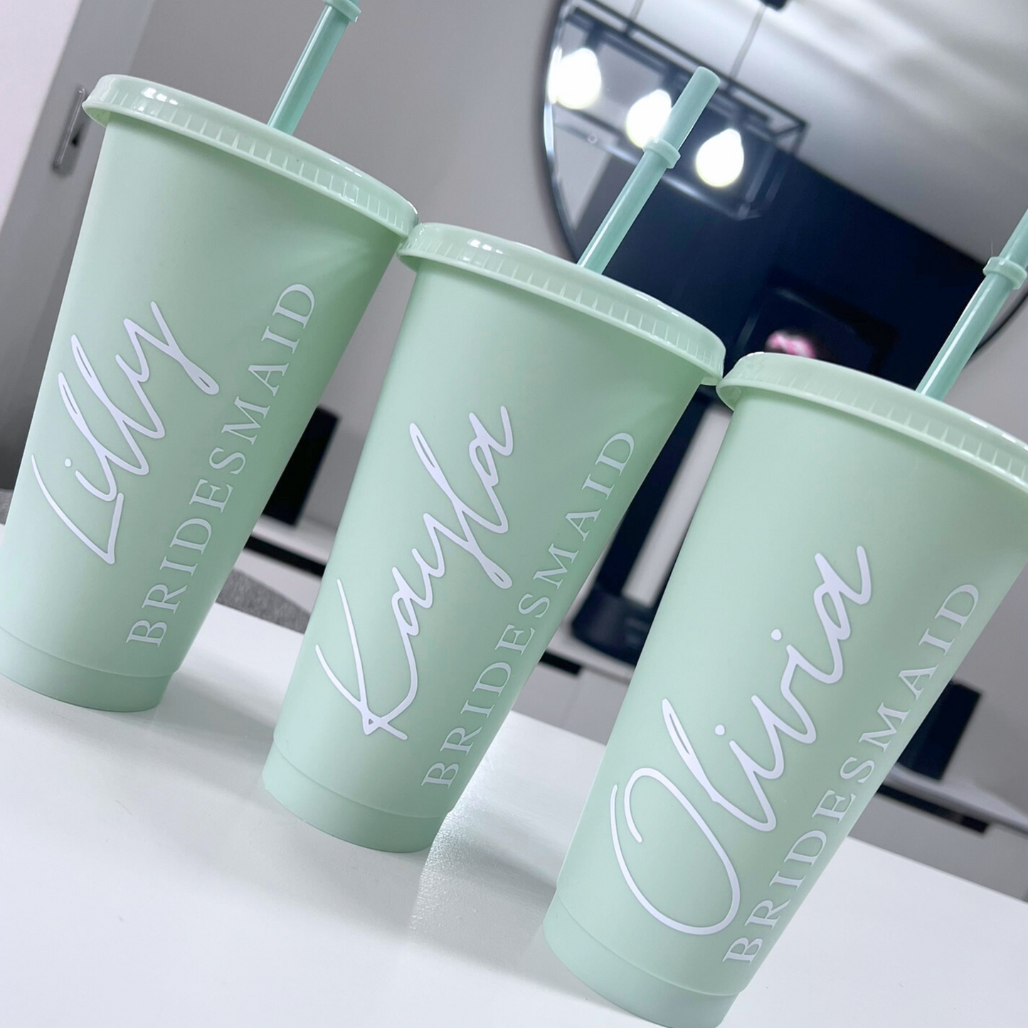 SAGE BRIDESMAID TUMBLERS WITH NAMES AND TITLES