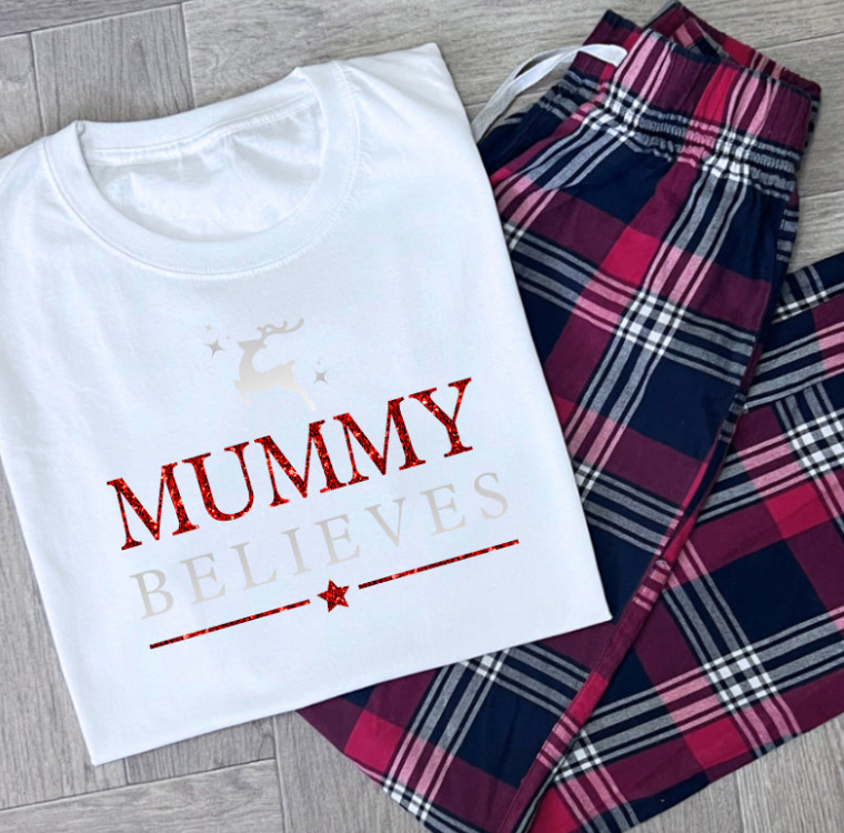 PERSONALISED FAMILY BELIEVE CHRISTMAS PYJAMAS - RED TARTAN