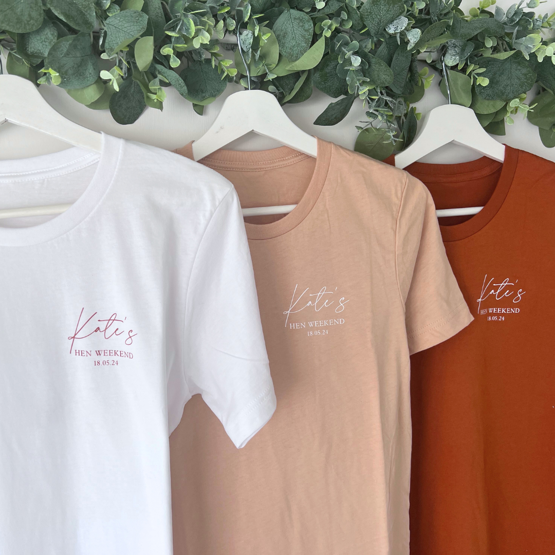 WHITE, SAND AND RUST T-SHIRTS WITH BRIDAL PARTY DETAILS ON THE FRONT