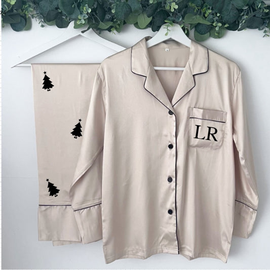 WOMENS CHRISTMAS TREE SATIN INITIAL CHRISTMAS PYJAMAS